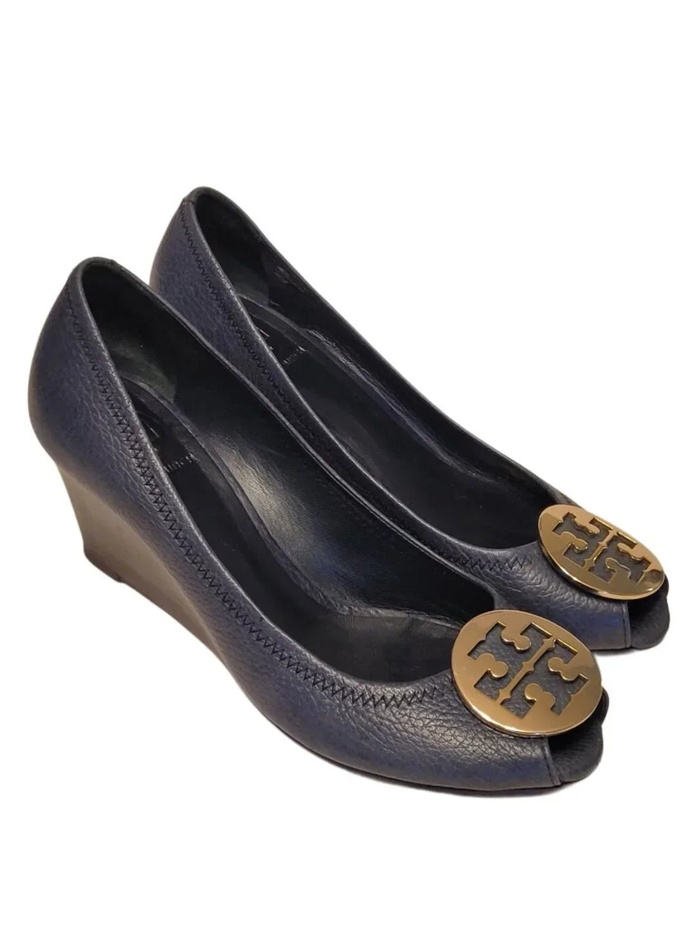 Tory Burch Sally 2 Peep Toe Pebbled Leather Wedge
